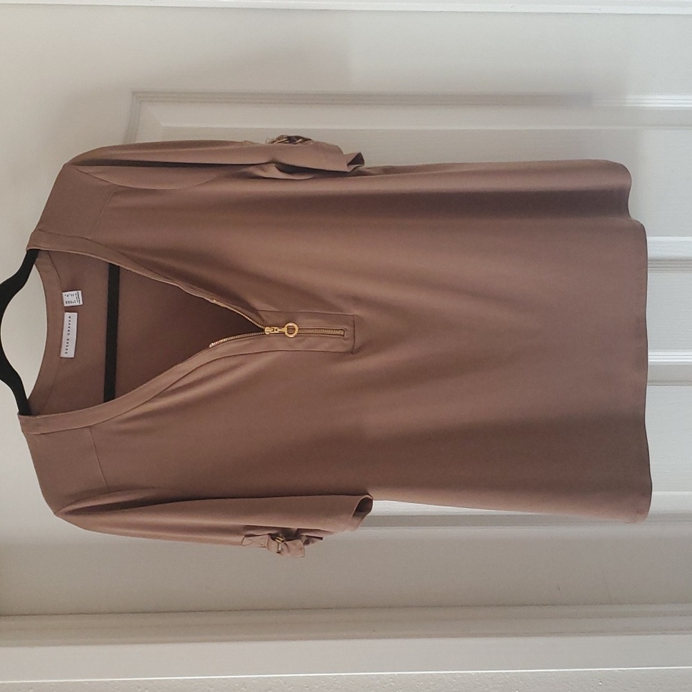 Susan Graver Liquid Knit Top, Zip_up V-Neck, short sleeved, Tan, L